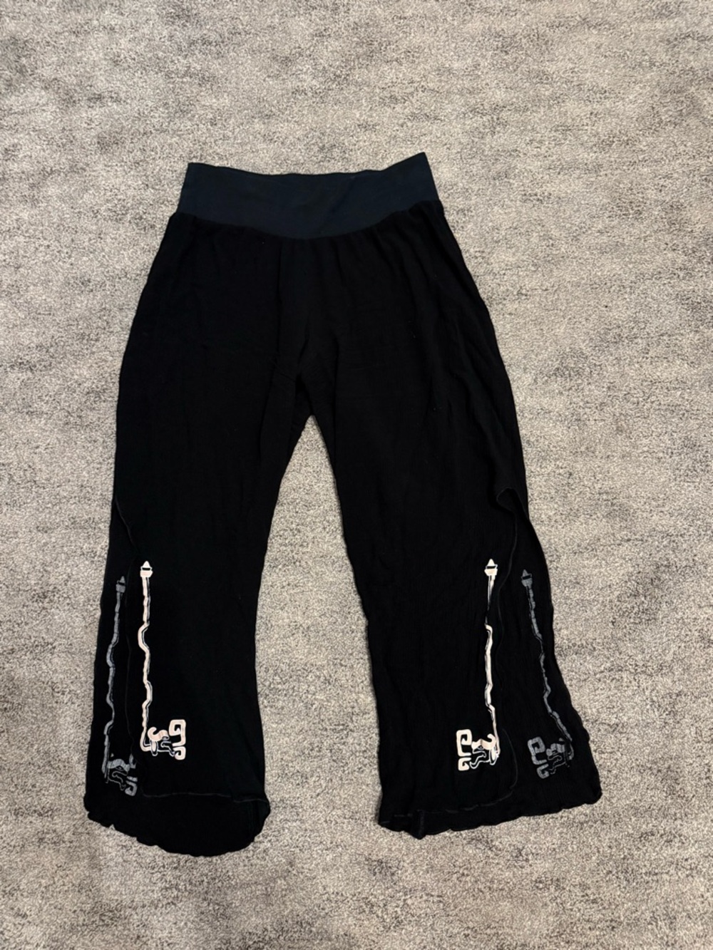 Xanab Black Wide Leg Pants Graphic Slit Raw Hem Boho Y2K artsy